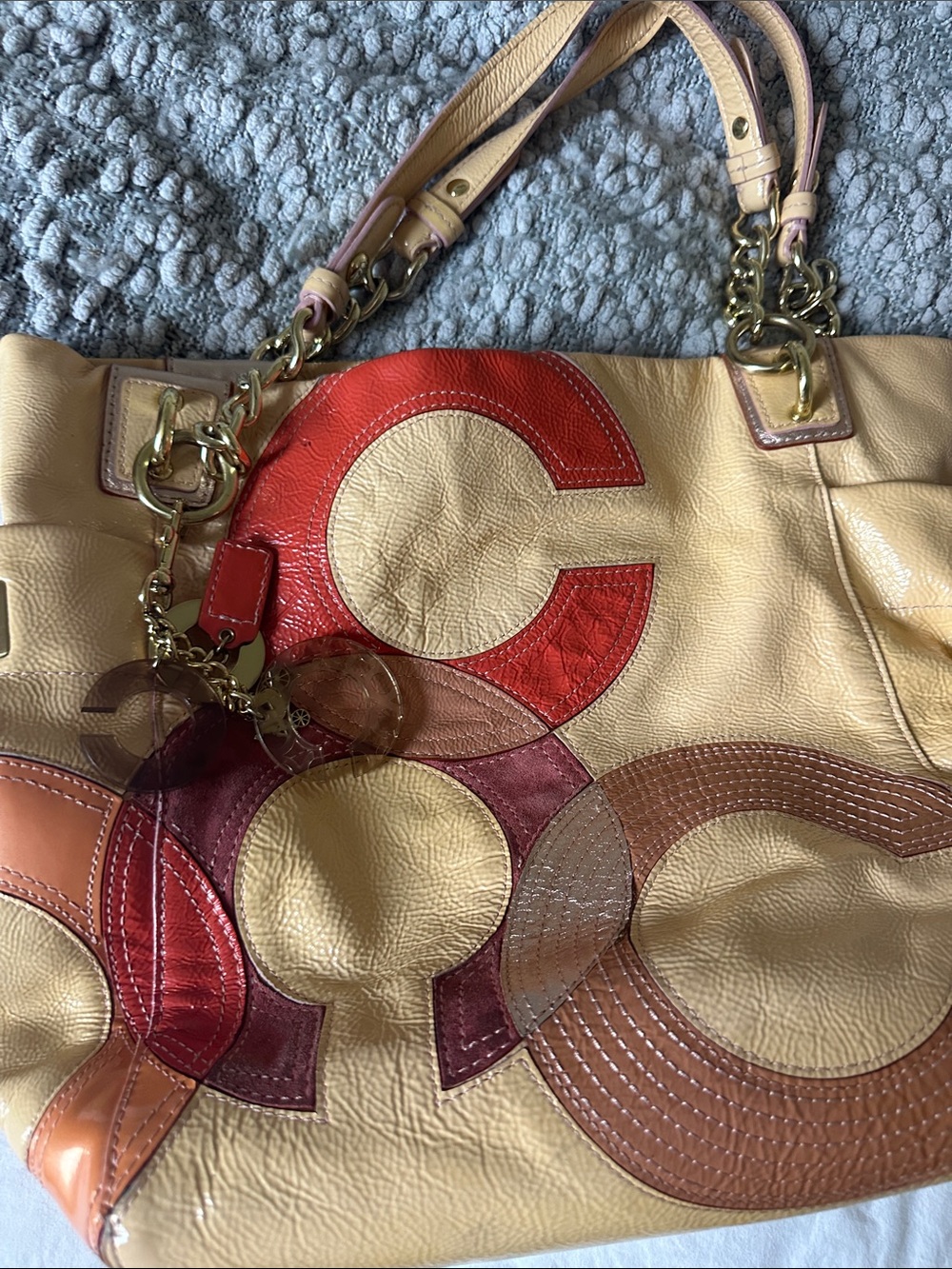 Coach Beige Leather Shoulder Bag with Red, Burgundy and Tan Appliqués